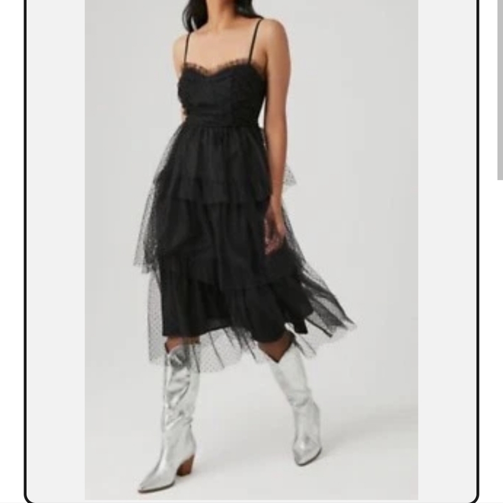 Forever 21 Sweetheart Black Mesh Teired Midi Dress